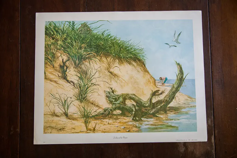Beach Cape Scene Collecting Shells Lithograph