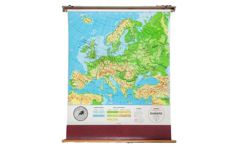 Mid Century Crams Europe Pull Down School Map