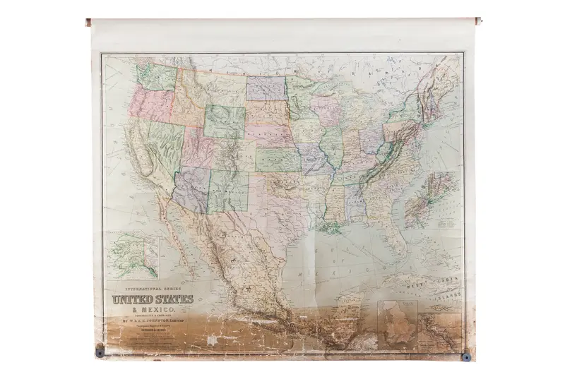 USA and Mexico Antique Pull Down Map